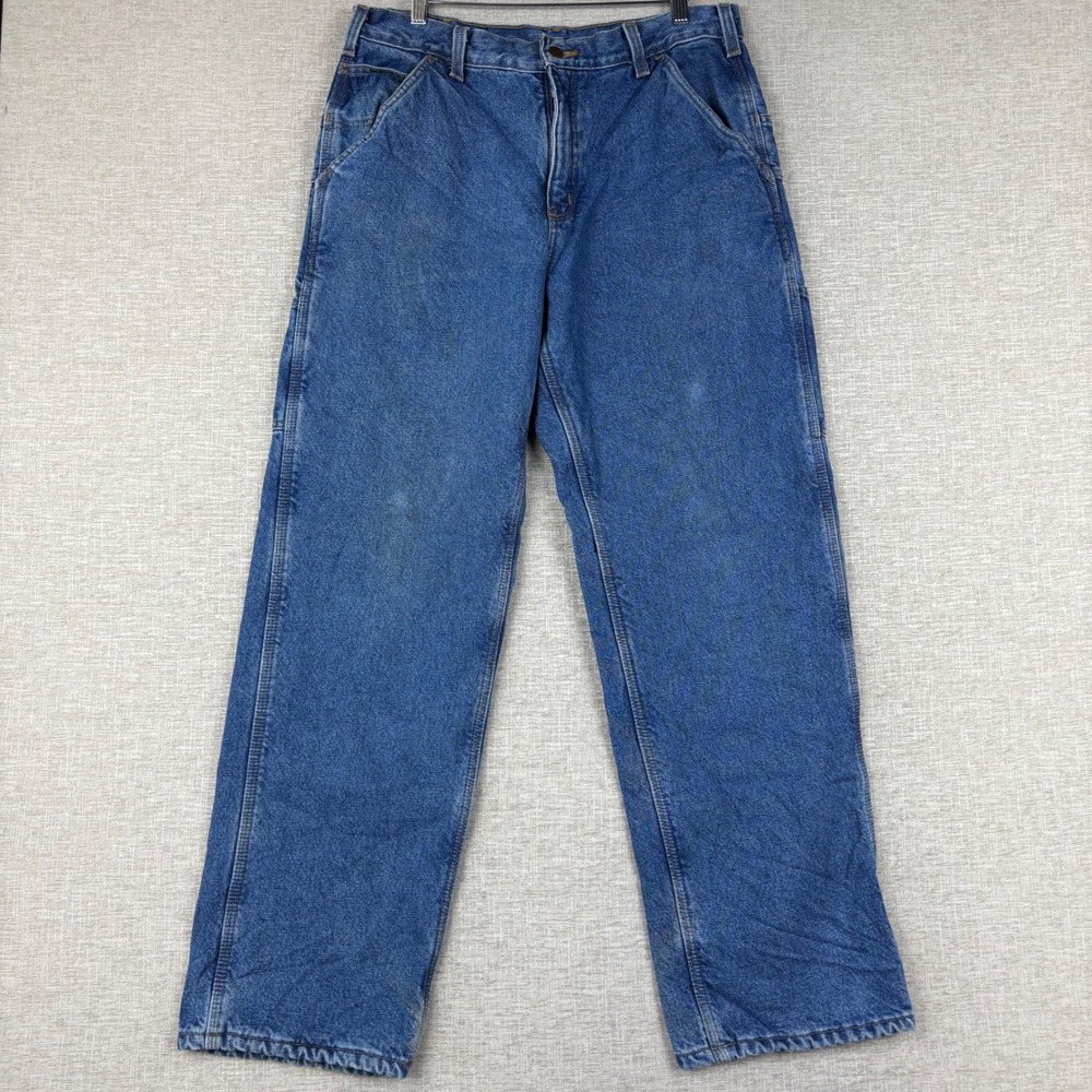 Carhartt B200 Mens 33x32 Jeans Flannel Lined Dungaree Pants Blue Grungy Denim
